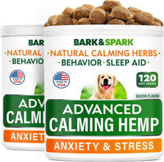 BARK&SPARK Advanced Calming Hemp Treats in packaging, supports calm during fireworks and vet visits.