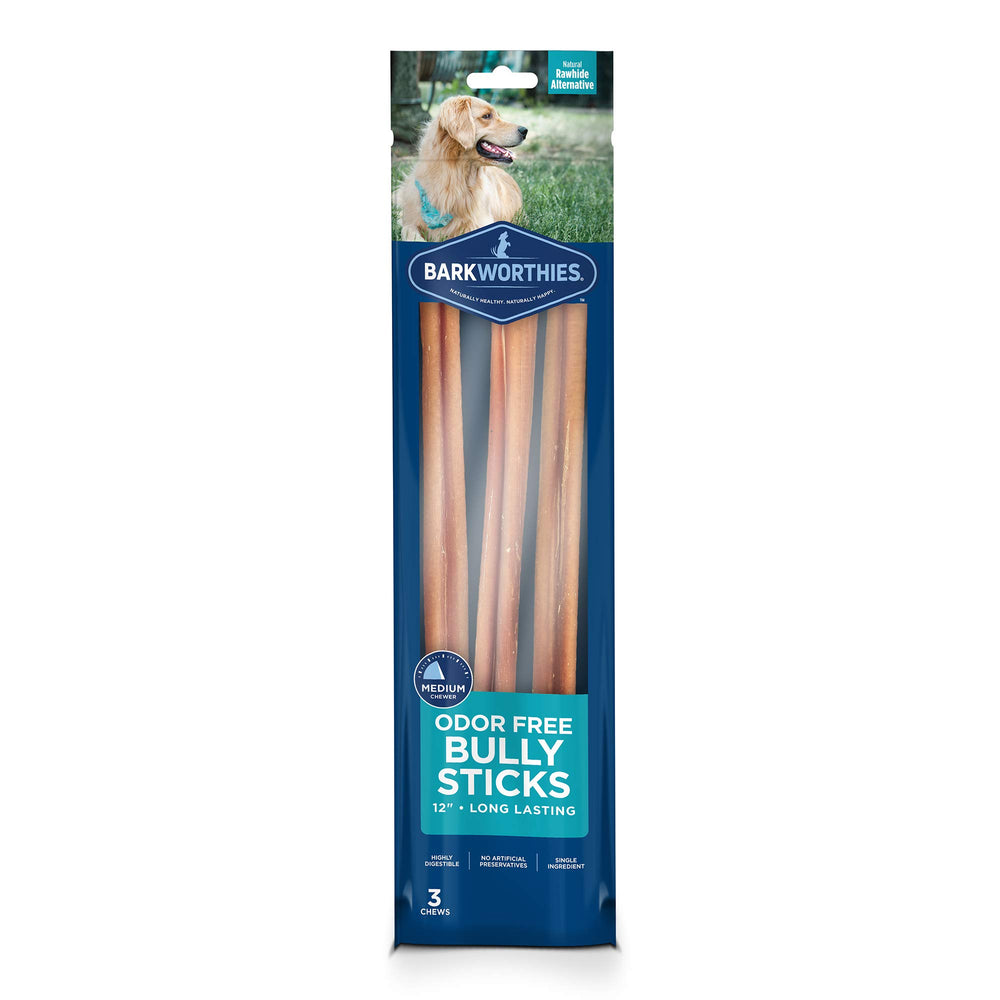 Barkworthies Bully Stick 12in 3pk packaging front for odor-free chewing