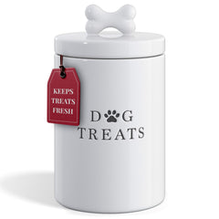 Barnyard Designs large dog treat container with airtight lid in white.