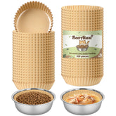 BeaAiwa bulk cat bowl liners show a 300 pack, enabling mess-free feeding for multiple pets.