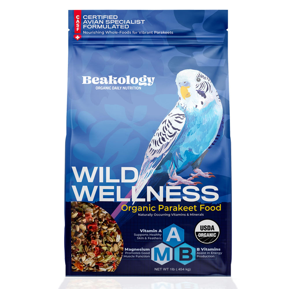 Beakology Wild Wellness parakeet food β front bag showcasing packaging and organic promise for easy feeding