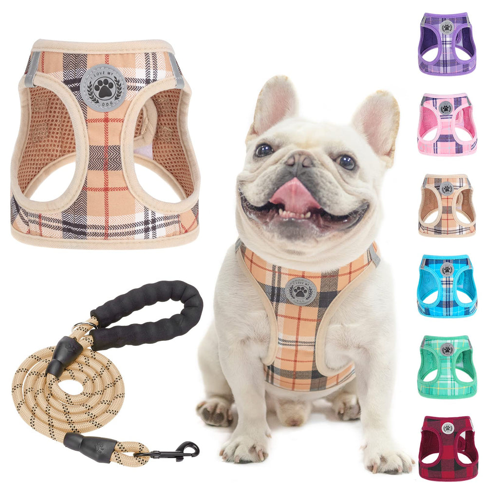 BEAUTYZOO small dog harness plaid beige for safe, comfortable daily walks
