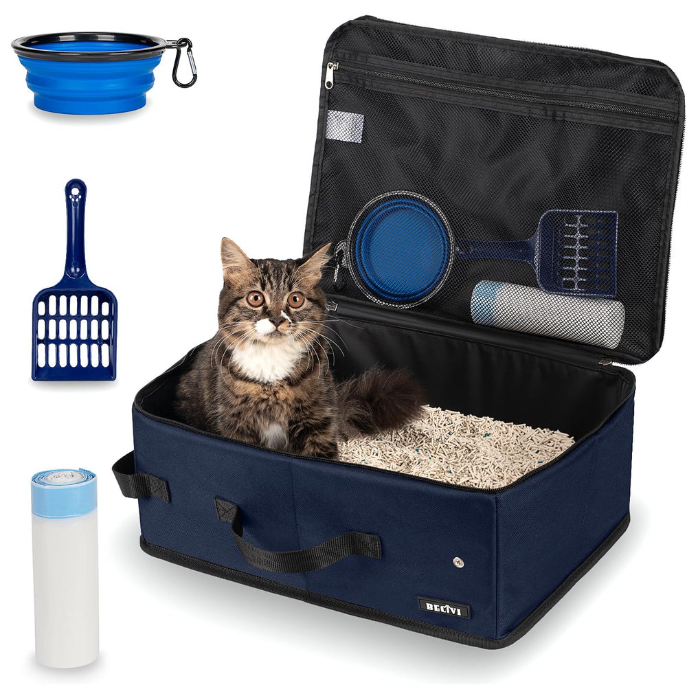 Becivi portable cat travel litter box with navy lid for mess containment during car trips.