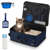 Becivi portable cat travel litter box with navy lid for mess containment during car trips.