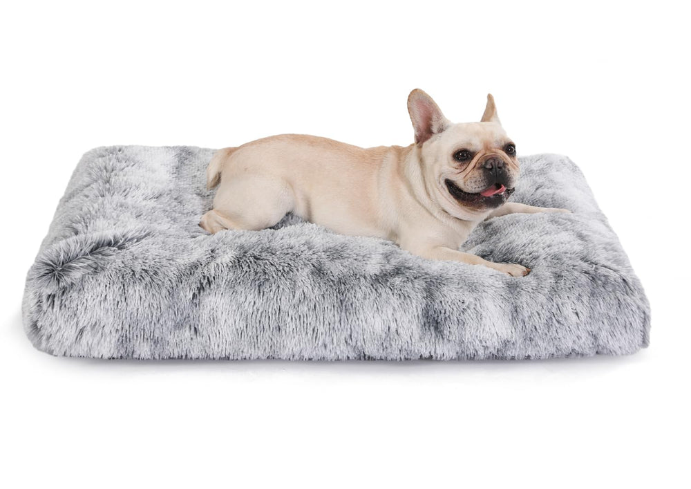 Bedfolks dog crate bed faux fur closeup shows plush warmth