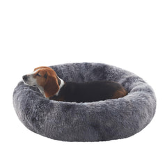 BedStill 33-inch donut bed in tie-dye grey offers cozy resting space for medium dogs