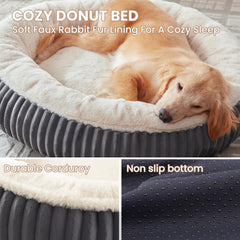 BedStill large charcoal donut dog bed side view showing raised milk plush rim