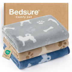 Bedsure 3-pack pet blankets folded, showcasing soft texture and compact form for easy storage.
