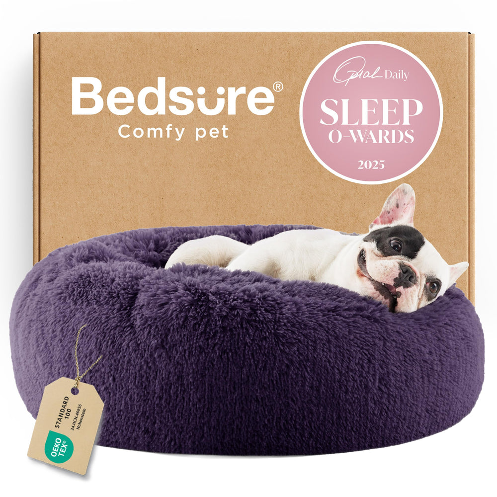 Bedsure calming dog bed round 23in donut shape supports curl-up comfort.