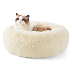 Bedsure calming cat bed round donut 20in offers cozy resting space for indoor cats.