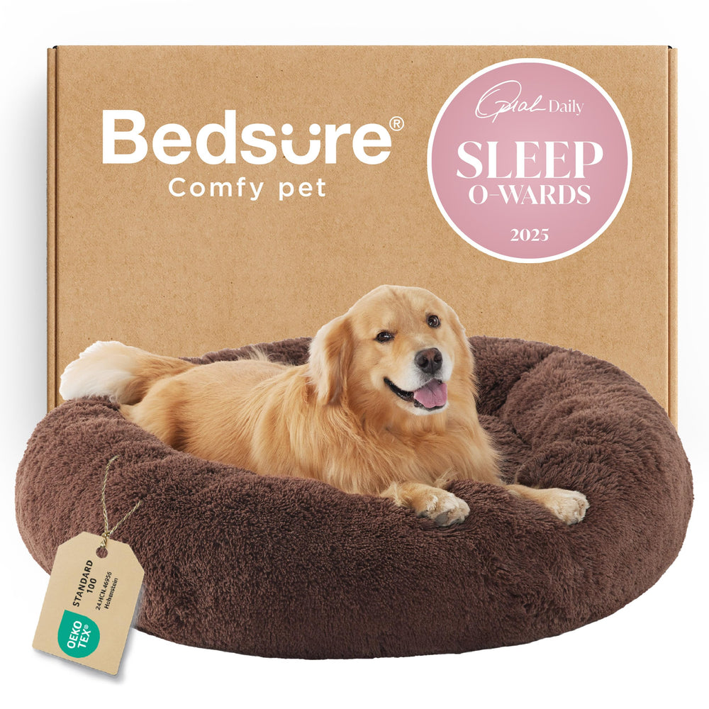 Bedsure Calming Dog Bed in coffee with donut design for curl-up comfort.