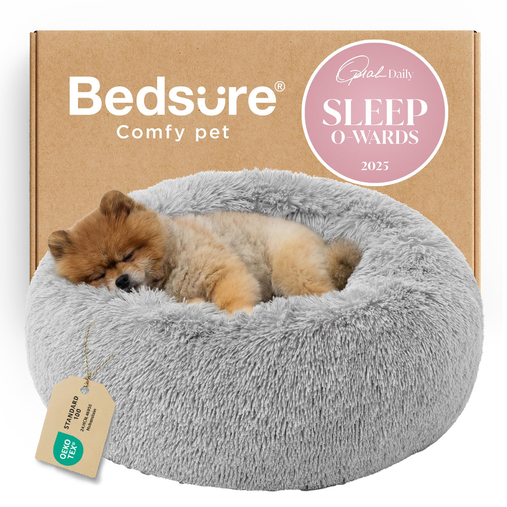 Bedsure calming dog bed in round fluffy faux fur for curl-up comfort.