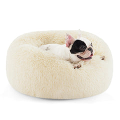 Bedsure calming dog bed, round ivory-beige design, cozy sleep for small and medium dogs.