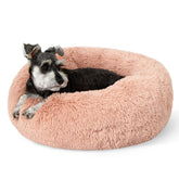 Bedsure calming donut bed, round pink, cozy support for small dogs.