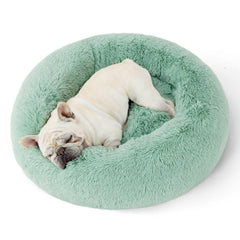 Bedsure calming donut dog bed in apple green, 30-inch round design supports curling sleepers.