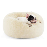 Bedsure calming donut dog bed in ivory beige, round shape supports curl-up comfort.