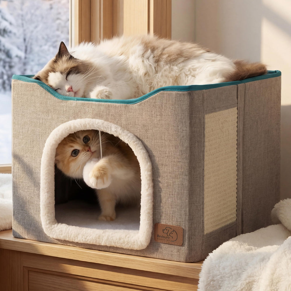 Bedsure cat bed indoor cave front view, cozy den for lounging.