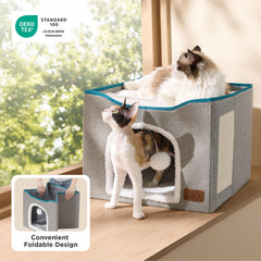 Bedsure cat hideaway includes a fluffy hanging ball for interactive play and enrichment.