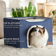 Bedsure blue cat cave top platform offers extra lounging space and window-side view for relaxing cats.