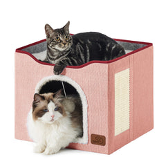 Bedsure large cat cave pink front view showing cozy indoor lounging.