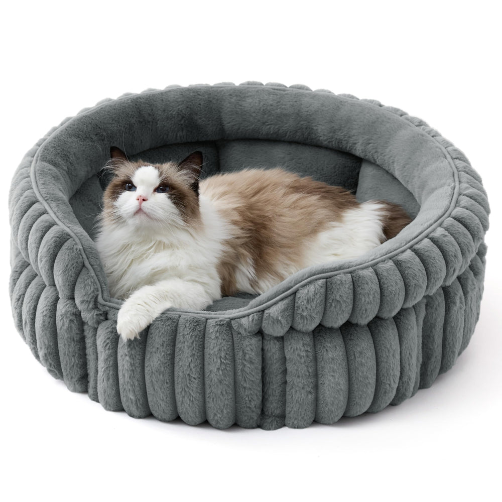 Bedsure ComfyFleece cat bed front view, cozy round enclosure for restful naps.