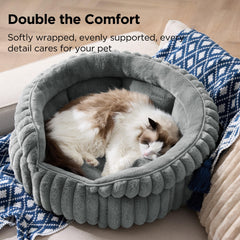 Bedsure ComfyFleece cat bed interior close-up, plush faux fur for warmth.