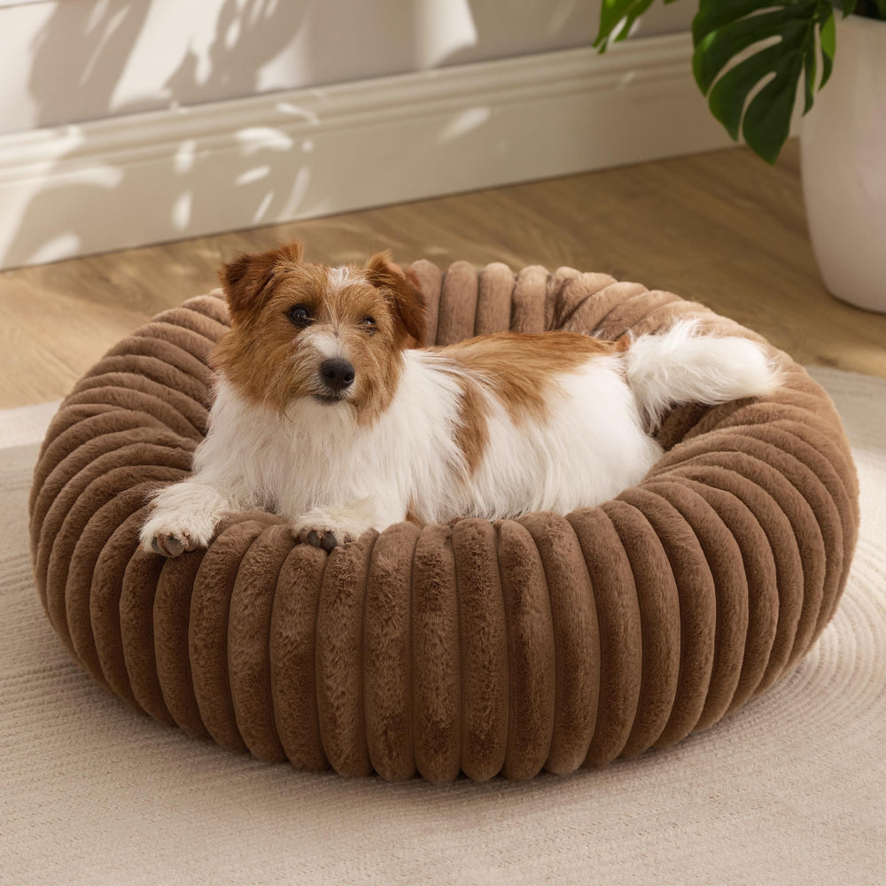 Bedsure ComfyFleece Donut Bed front view shows cozy support for small dogs.