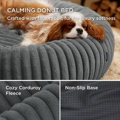 Bedsure ComfyFleece Donut Bed raised rims offer neck support for curling pets.