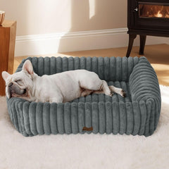 Bedsure ComfyFleece bed front view with warm grey cover for cozy naps.