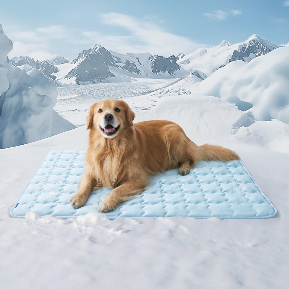 Bedsure cooling dog mat extralarge blue top view shows breathable fabric for rapid cooling.