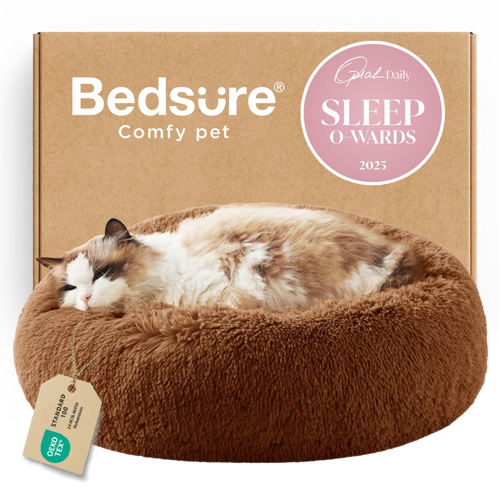 Bedsure copper round cat bed top view highlights inviting plush comfort