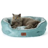 Bedsure round 25in dog bed in washed blue for small dogs provides cozy resting space.