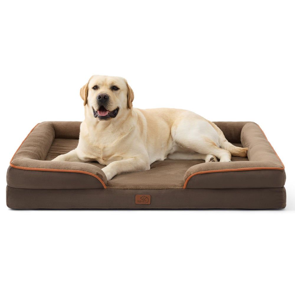 Bedsure Jumbo Orthopedic Dog Bed foam close-up shows supportive egg-crate foam for joint comfort.