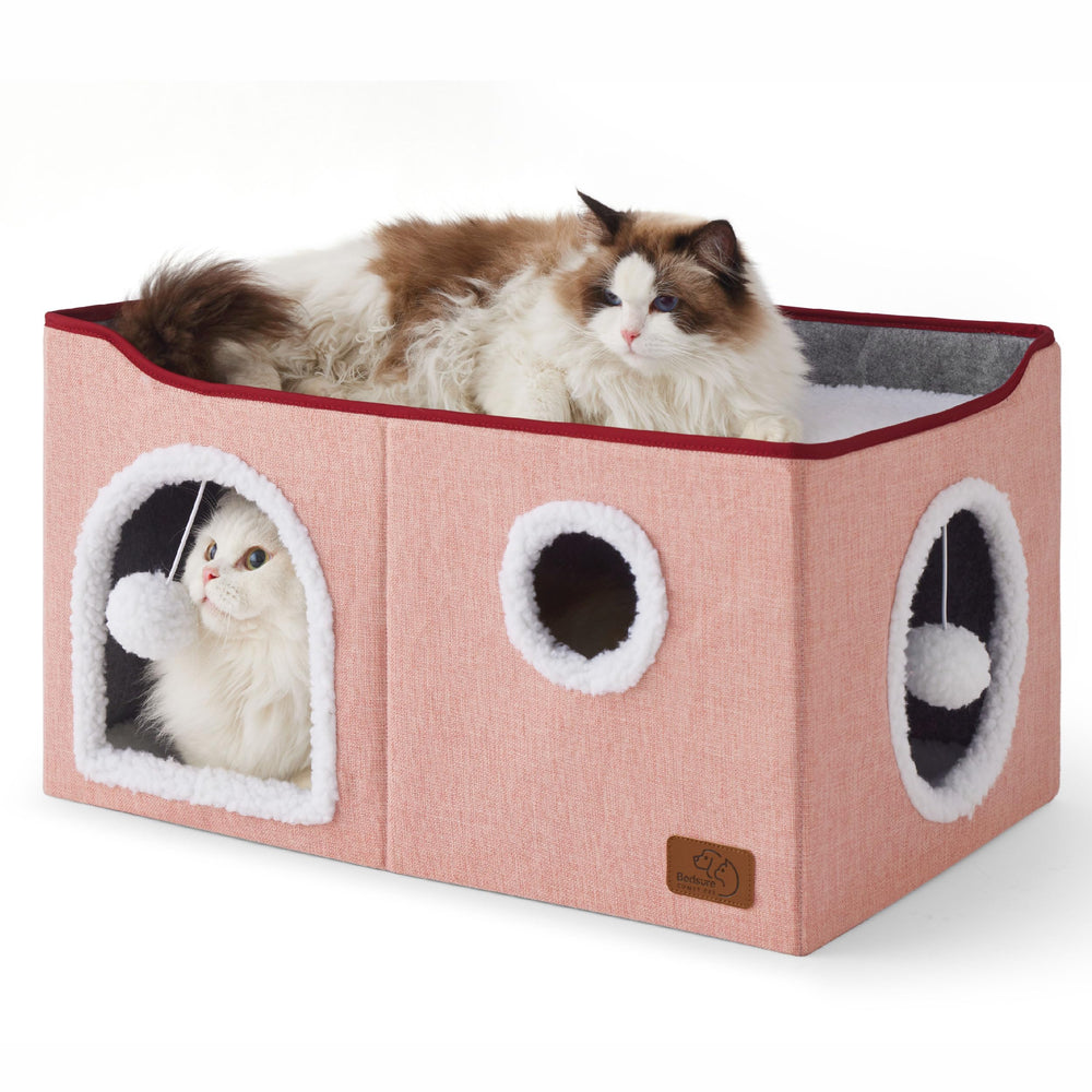 Bedsure large cat bed cube house pink fabric, ideal cozy hideaway for naps.
