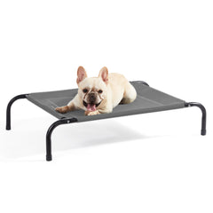Bedsure outdoor elevated dog bed in grey with breathable mesh and 43-inch length.