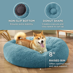 Bedsure blue plush faux fur cover adds soft texture for cozy naps.