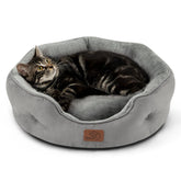 Bedsure round bolster dog bed grey for small dogs; secure, cozy rest.