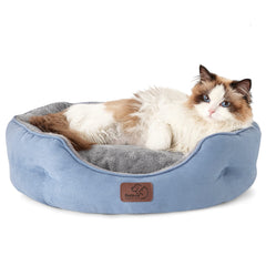 Bedsure round bed with bolster offers cozy support for small dogs.