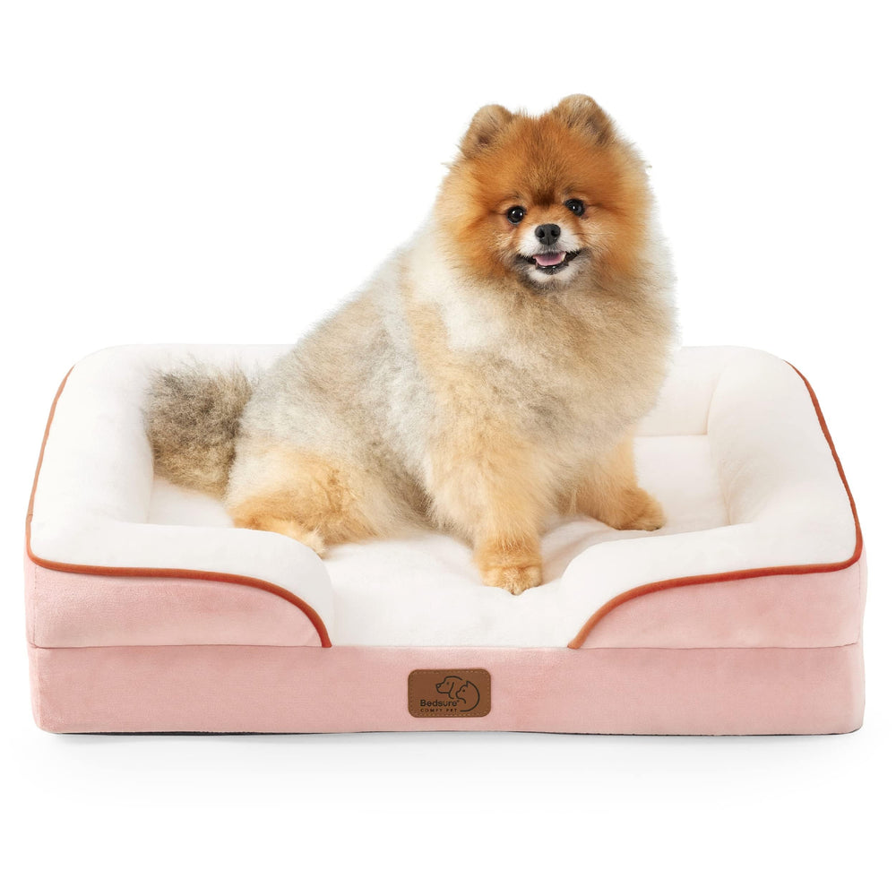 Bedsure small orthopedic dog bed with pink cover provides cozy comfort and washable convenience.