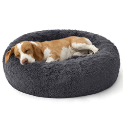 Bedsure SupportMax 30in donut dog bed for pets up to 45 lbs, cozy round shape.