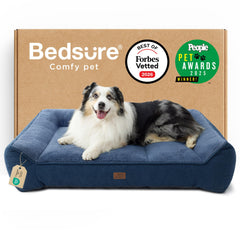 Bedsure SupportMax XL blue orthopedic bed cover close-up with foam support and non-slip bottom.