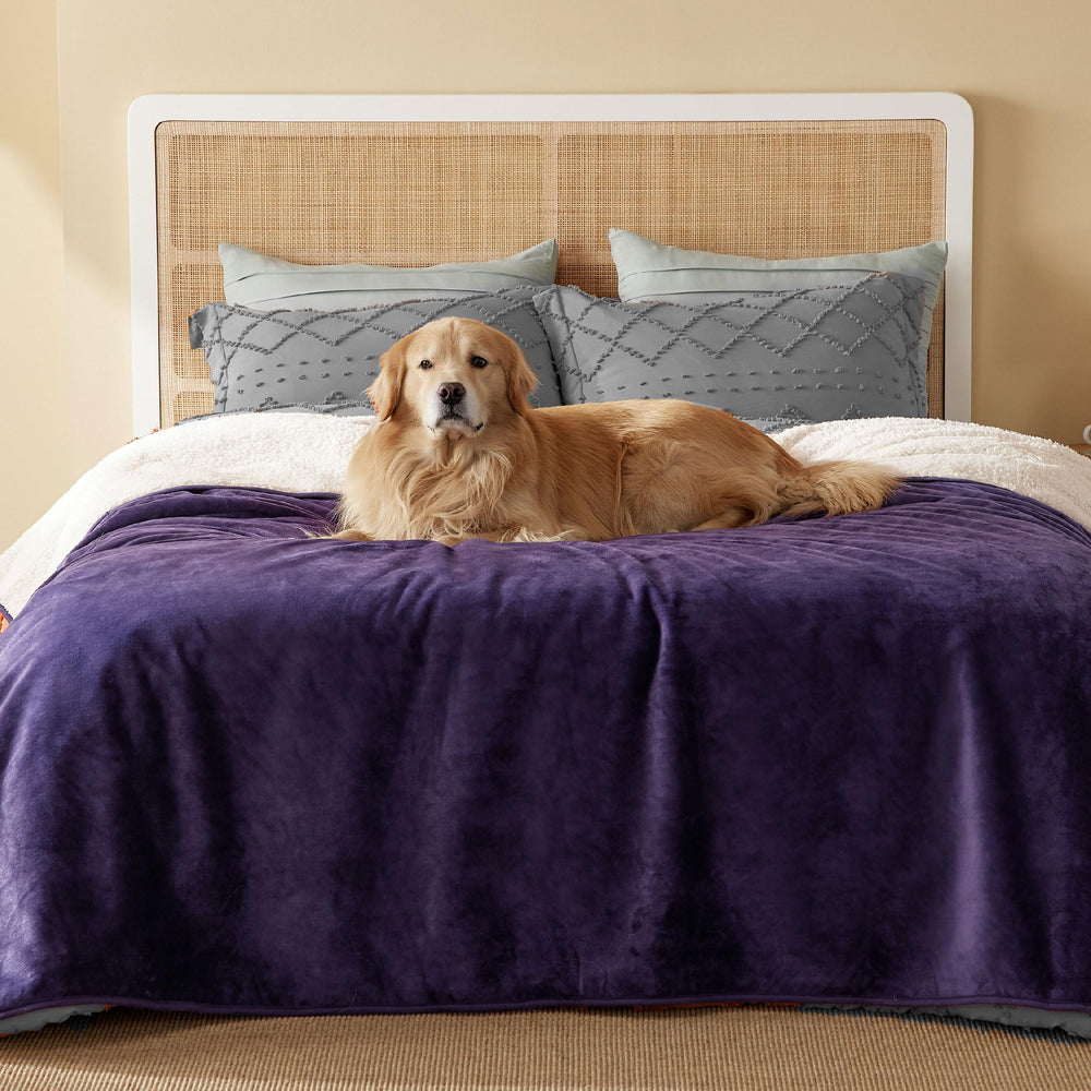 Bedsure Waterproof Blanket on bed with Sherpa side for warm, cozy protection