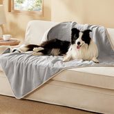 Bedsure waterproof dog blanket with sherpa side protects furniture from spills.