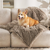 Bedsure waterproof dog blanket with sherpa side offers calming comfort for pets during relaxation.