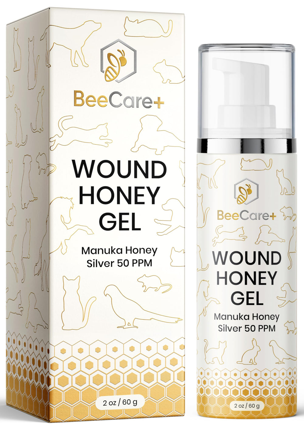 BeeCare+ Manuka Honey Wound Gel bottle showing 2 oz packaging for pet wound care