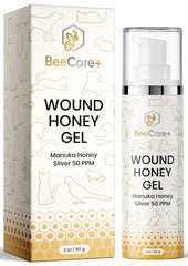 BeeCare+ Manuka Honey Wound Gel bottle showing 2 oz packaging for pet wound care