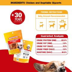 Closeup of Beefeaters Chicken Jerky Strips texture for chewy rewards.