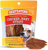 Beefeaters Chicken Jerky Strips packaging showing resealable bag for freshness.