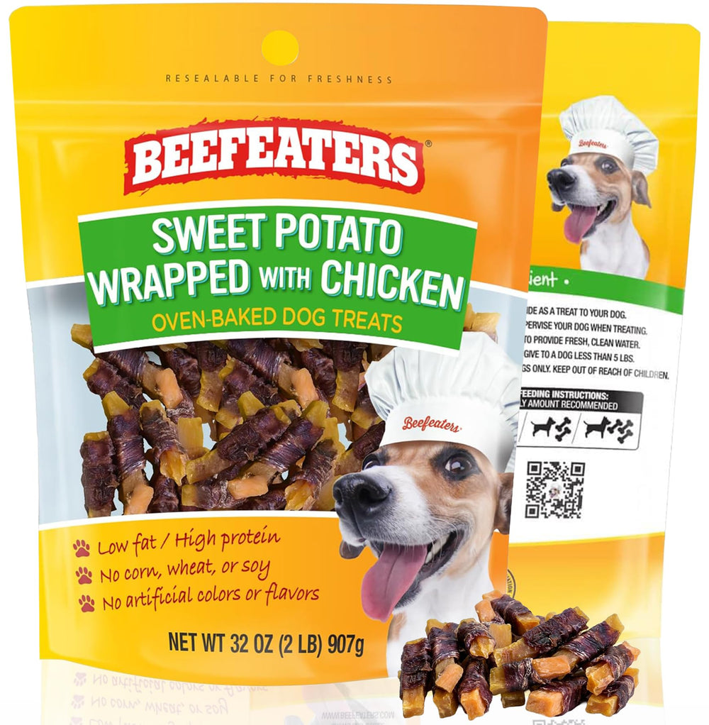 Beefeaters Sweet Potato Chews bag front, resealable packaging preserves freshness.