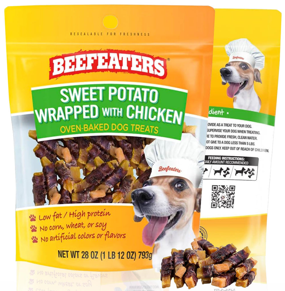 Beefeaters sweet potato wrapped chicken treats shown as chewy, protein-rich snack for dogs.